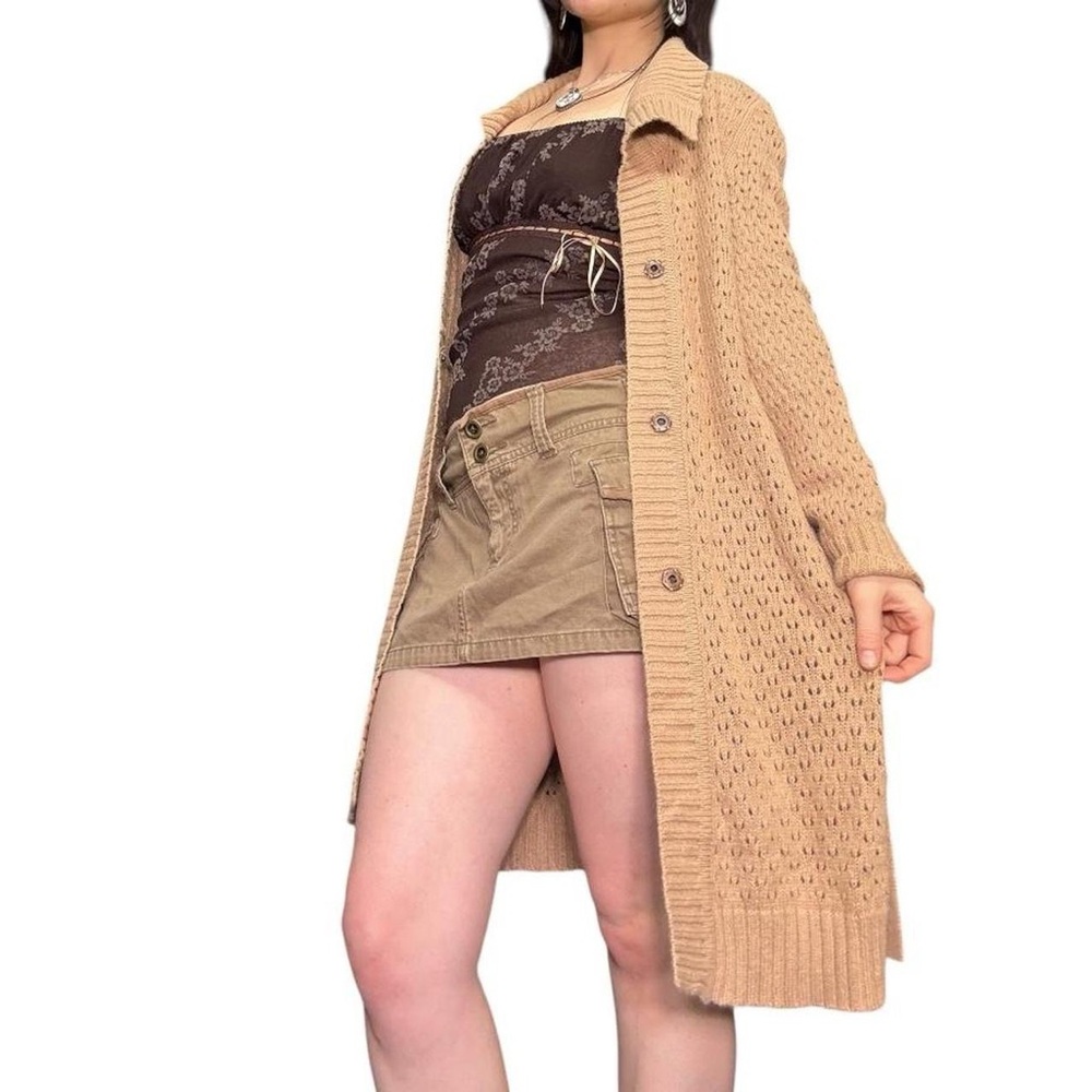 Early 2000s tan earthy boho wool knit button up duster cardigan